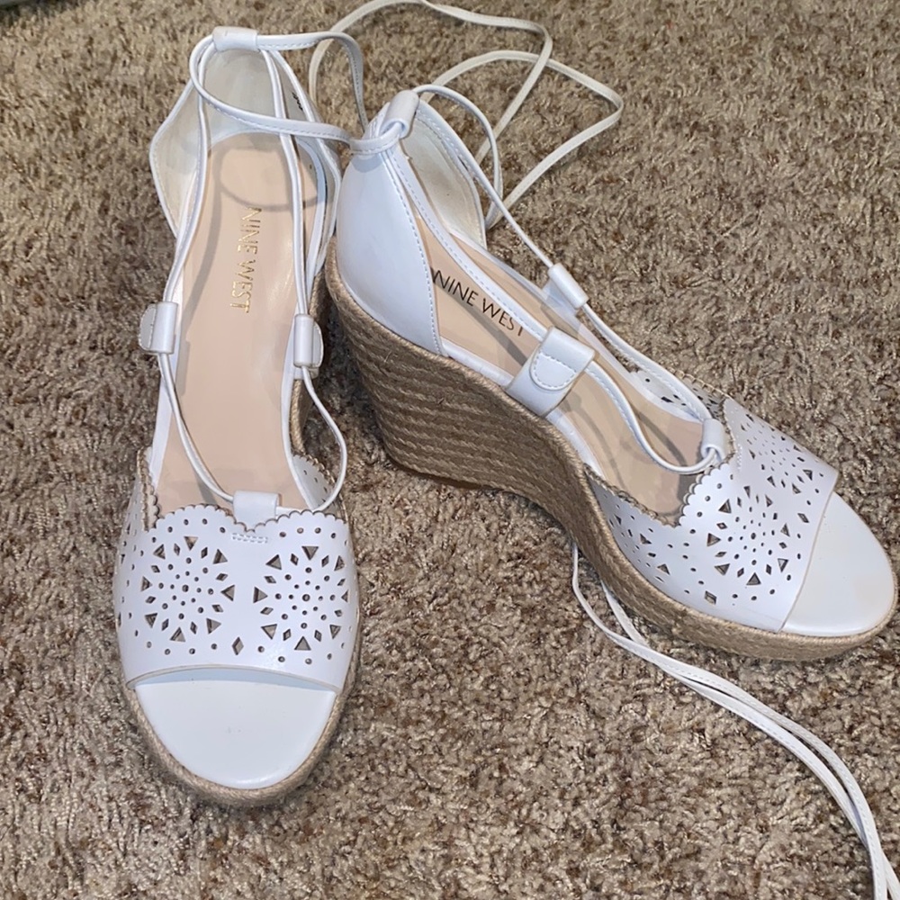 White lace up wedges